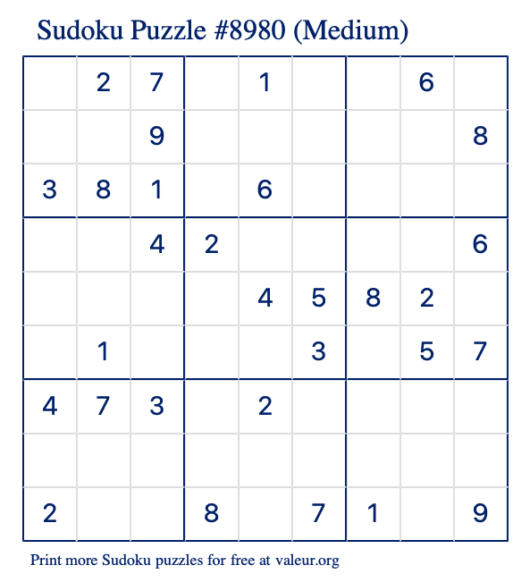Free Printable Medium Sudoku Puzzle number 8980