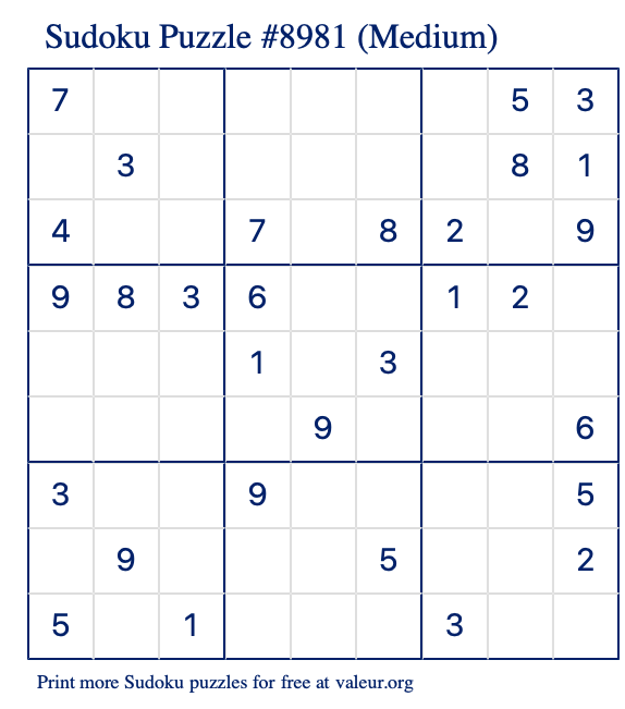 Free Printable Medium Sudoku Puzzle number 8981