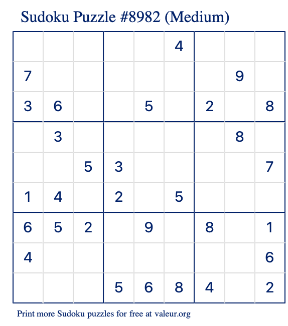 Free Printable Medium Sudoku Puzzle number 8982