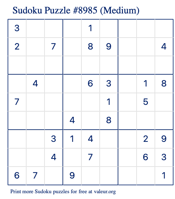 Free Printable Medium Sudoku Puzzle number 8985