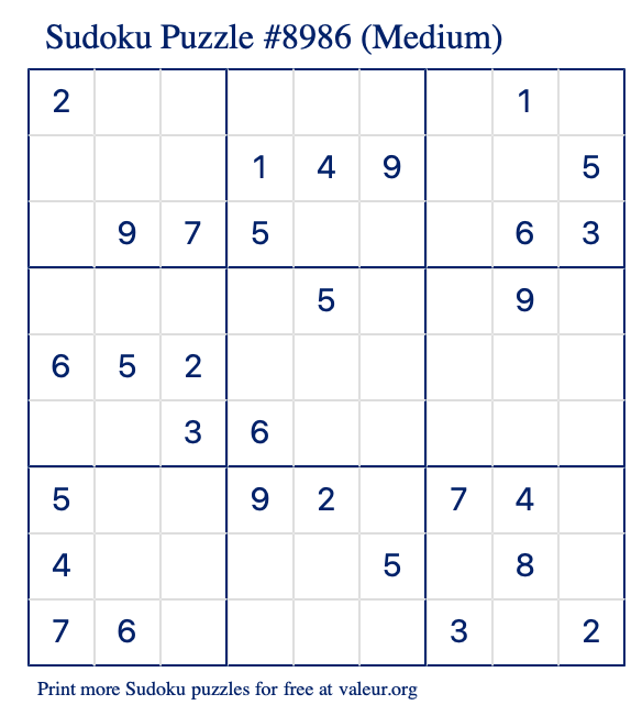 Free Printable Medium Sudoku Puzzle number 8986