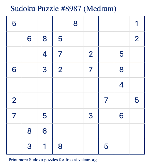 Free Printable Medium Sudoku Puzzle number 8987