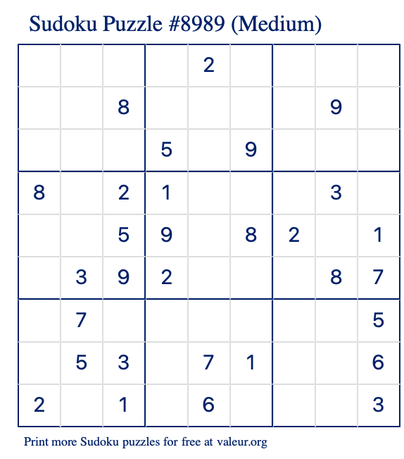 Free Printable Medium Sudoku Puzzle number 8989