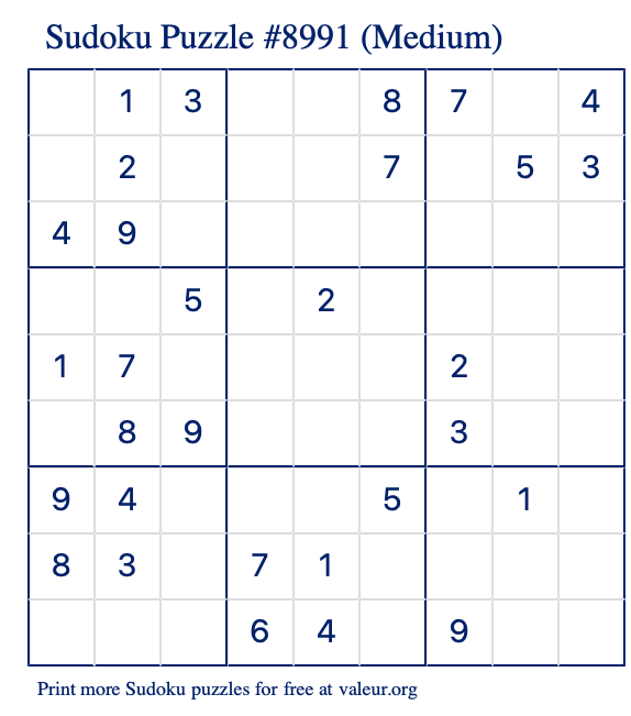 Free Printable Medium Sudoku Puzzle number 8991