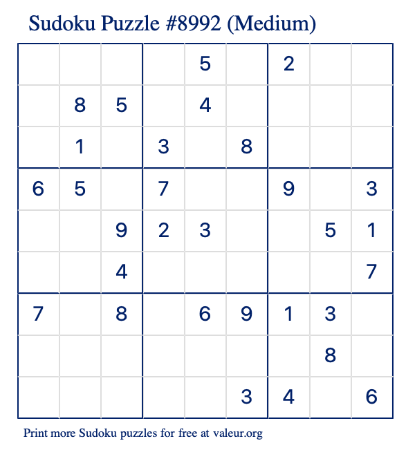 Free Printable Medium Sudoku Puzzle number 8992
