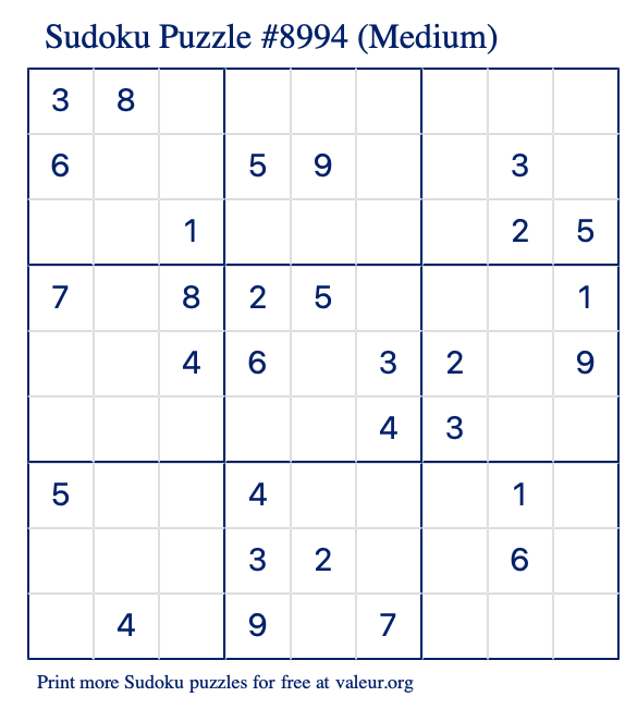 Free Printable Medium Sudoku Puzzle number 8994