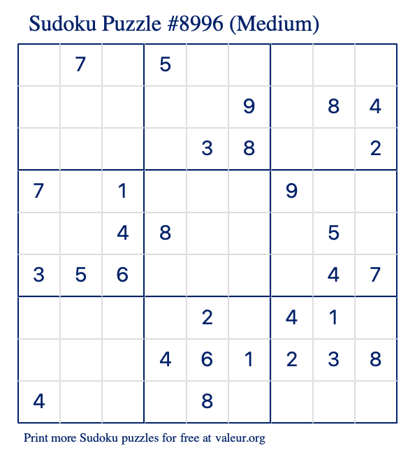 Free Printable Medium Sudoku Puzzle number 8996