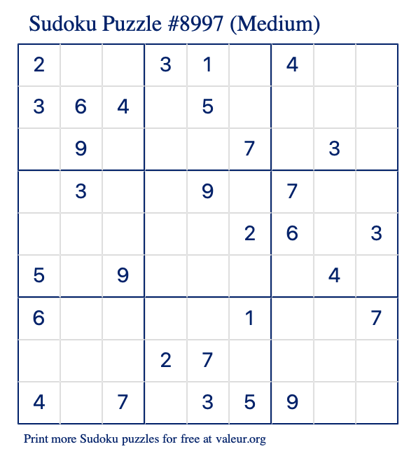 Free Printable Medium Sudoku Puzzle number 8997