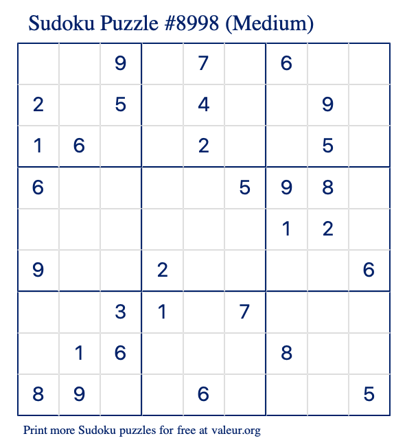 Free Printable Medium Sudoku Puzzle number 8998