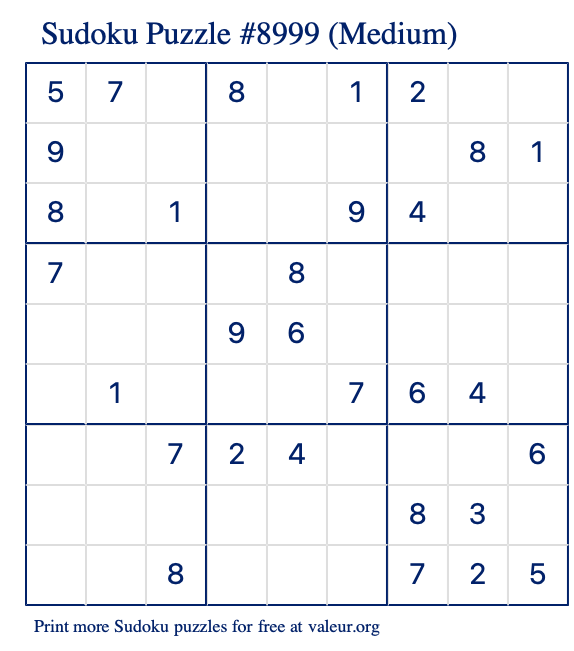 Free Printable Medium Sudoku Puzzle number 8999