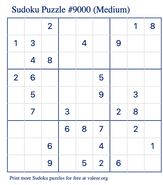 Free Printable Medium Sudoku Puzzle number 9000