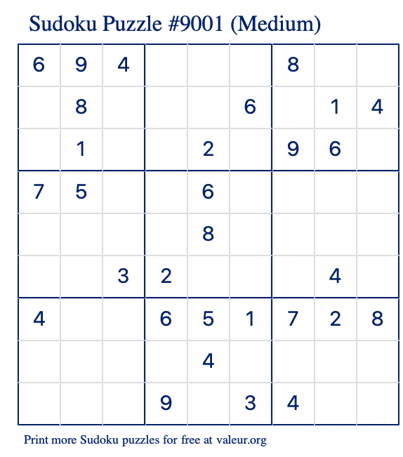 Free Printable Medium Sudoku Puzzle number 9001