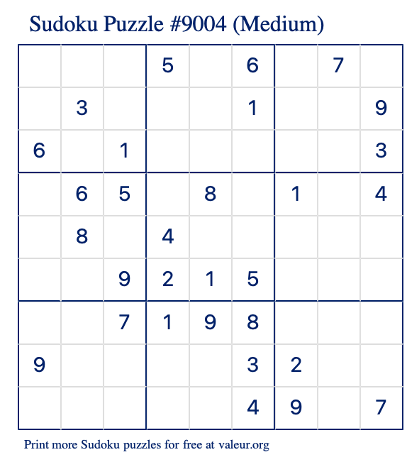 Free Printable Medium Sudoku Puzzle number 9004