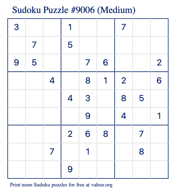 Free Printable Medium Sudoku Puzzle number 9006