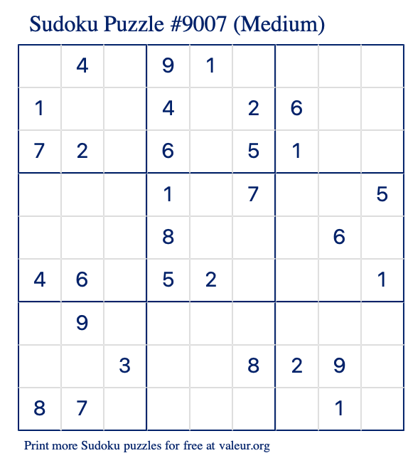 Free Printable Medium Sudoku Puzzle number 9007