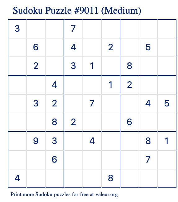 Free Printable Medium Sudoku Puzzle number 9011