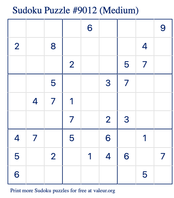 Free Printable Medium Sudoku Puzzle number 9012