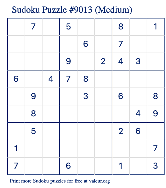 Free Printable Medium Sudoku Puzzle number 9013