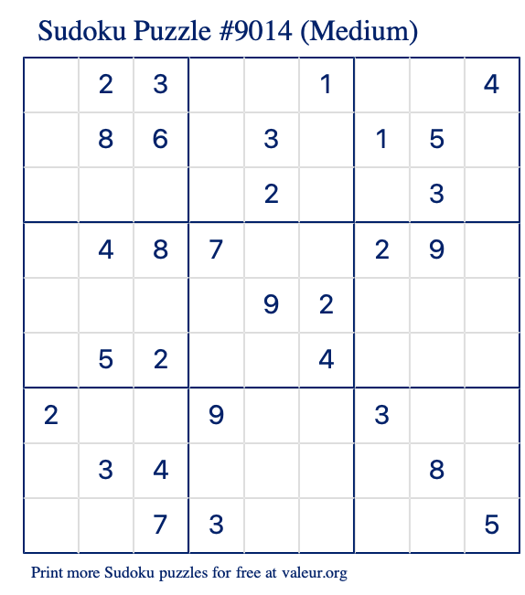 Free Printable Medium Sudoku Puzzle number 9014