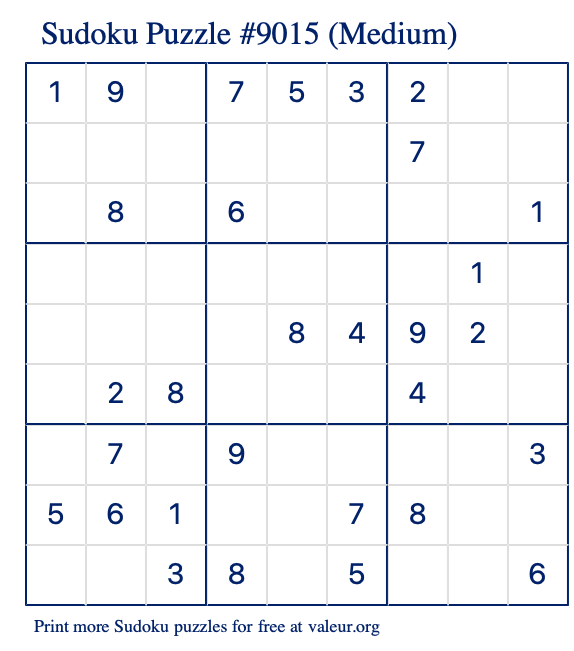 Free Printable Medium Sudoku Puzzle number 9015