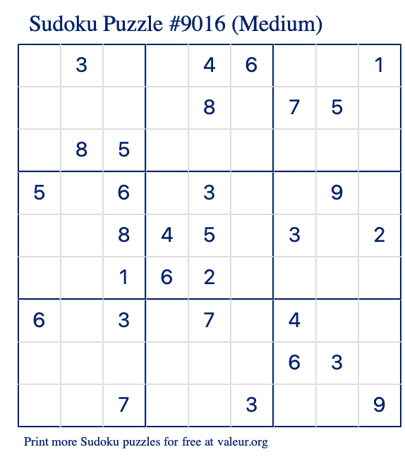 Free Printable Medium Sudoku Puzzle number 9016