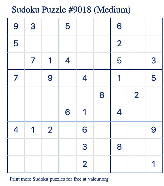 Free Printable Medium Sudoku Puzzle number 9018