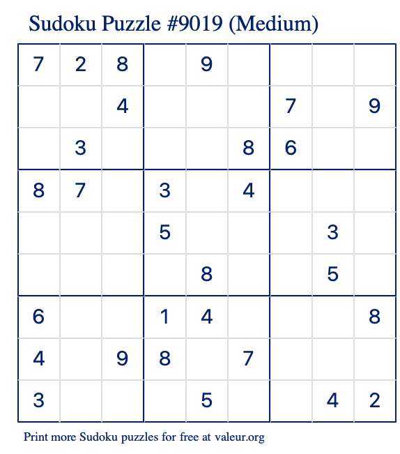 Free Printable Medium Sudoku Puzzle number 9019