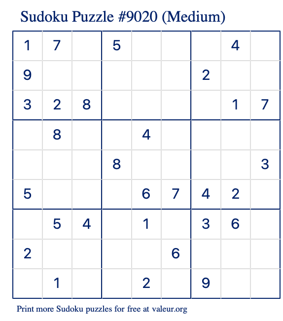 Free Printable Medium Sudoku Puzzle number 9020