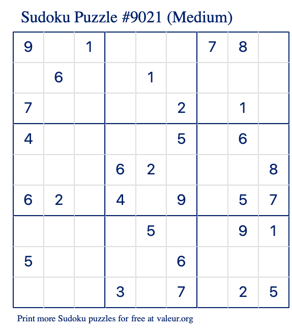 Free Printable Medium Sudoku Puzzle number 9021