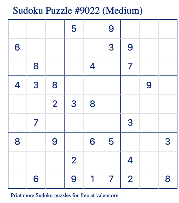 Free Printable Medium Sudoku Puzzle number 9022