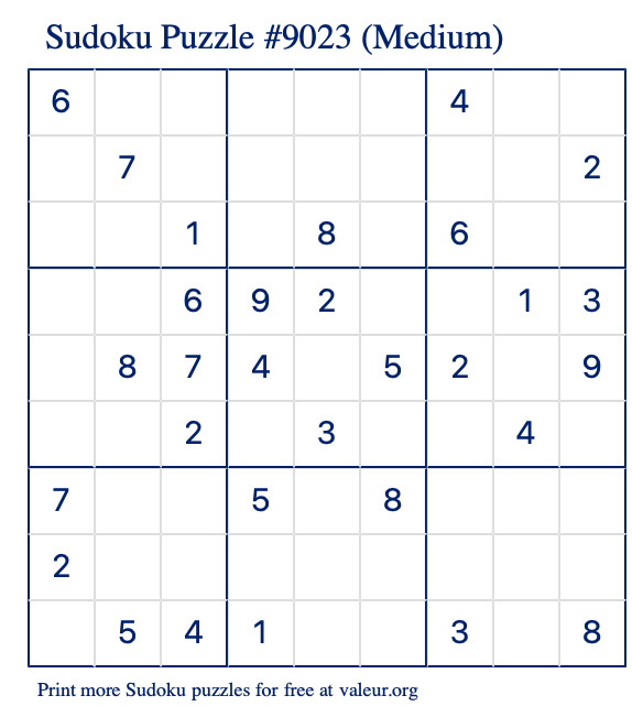 Free Printable Medium Sudoku Puzzle number 9023