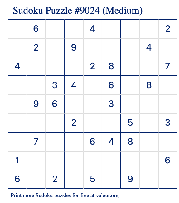 Free Printable Medium Sudoku Puzzle number 9024