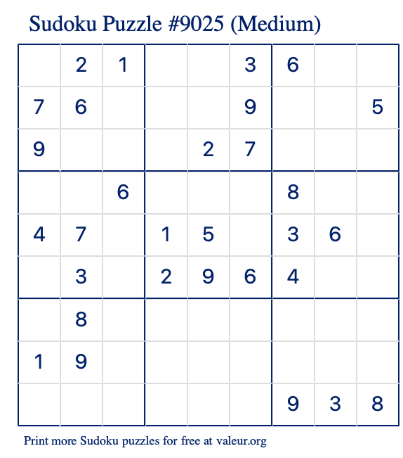 Free Printable Medium Sudoku Puzzle number 9025