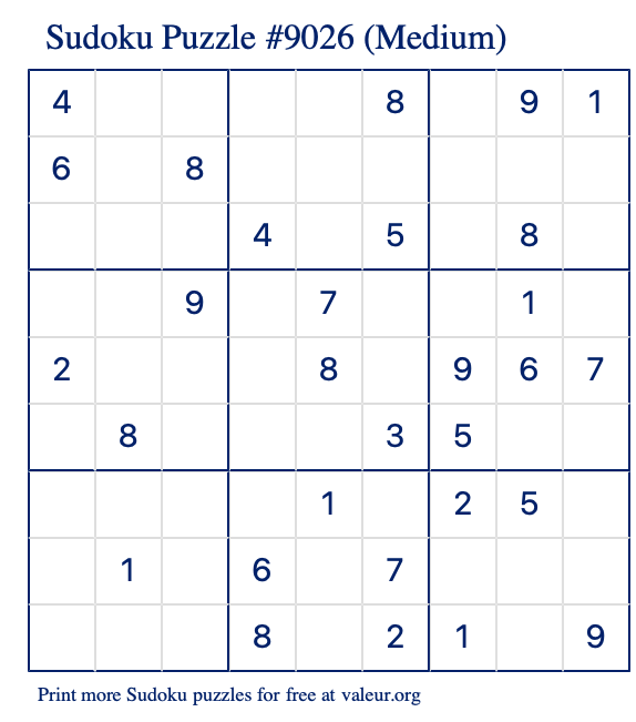 Free Printable Medium Sudoku Puzzle number 9026