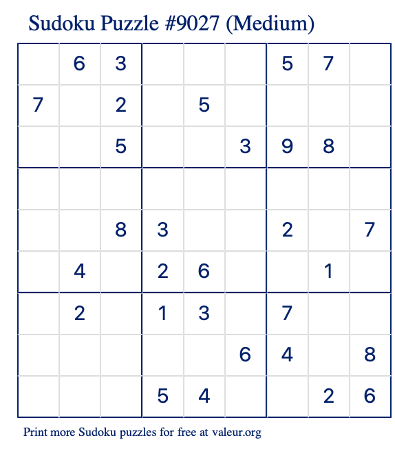 Free Printable Medium Sudoku Puzzle number 9027