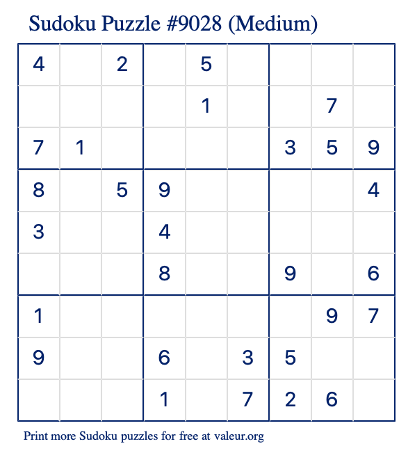 Free Printable Medium Sudoku Puzzle number 9028