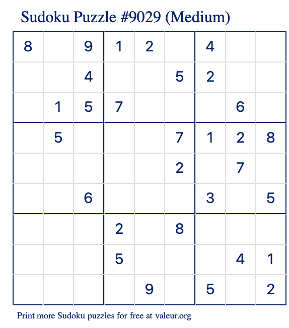 Free Printable Medium Sudoku Puzzle number 9029