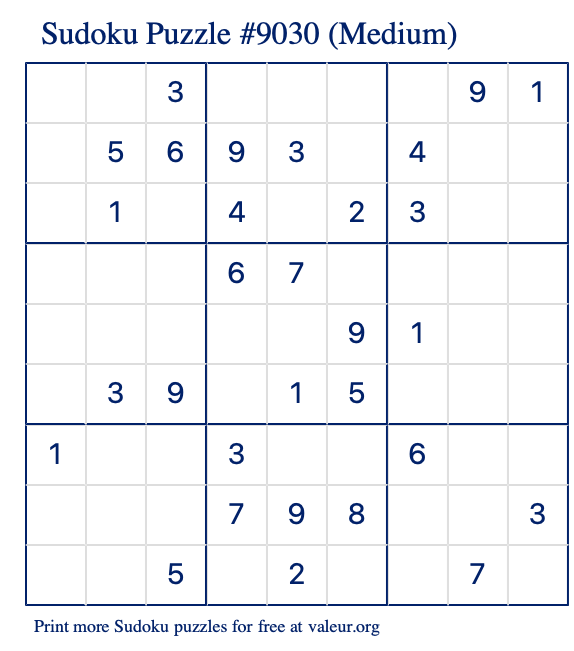 Free Printable Medium Sudoku Puzzle number 9030