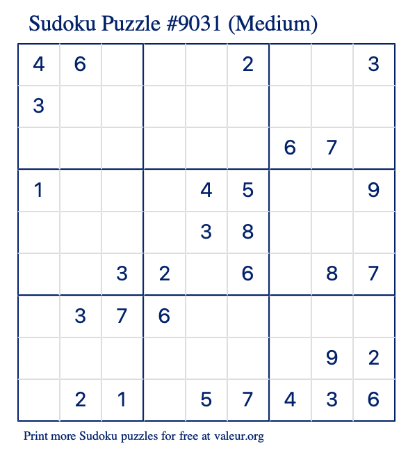 Free Printable Medium Sudoku Puzzle number 9031