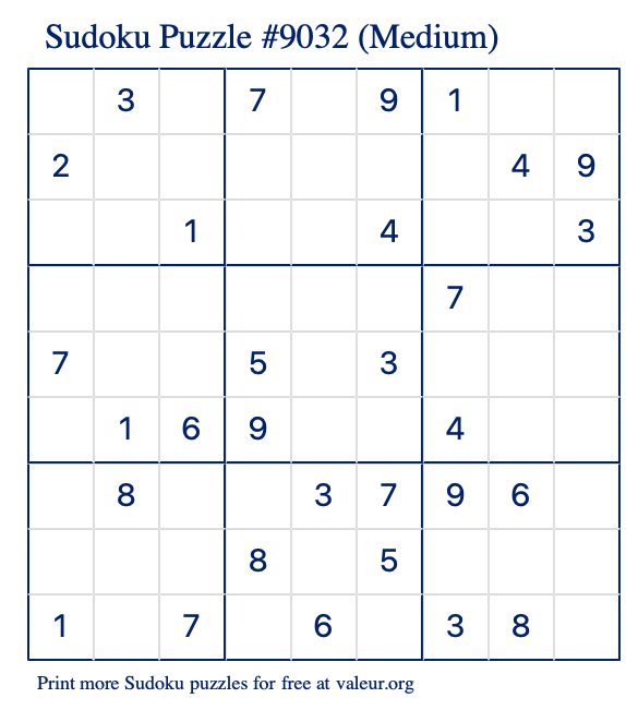 Free Printable Medium Sudoku Puzzle number 9032