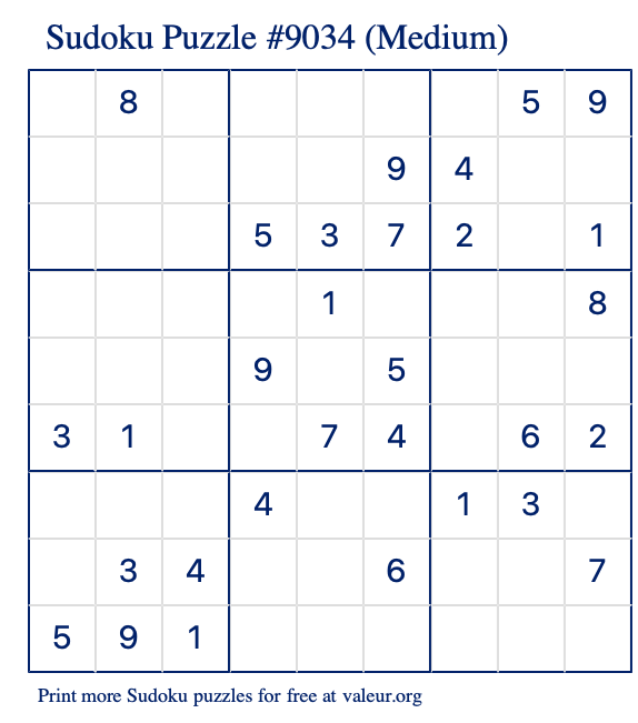 Free Printable Medium Sudoku Puzzle number 9034