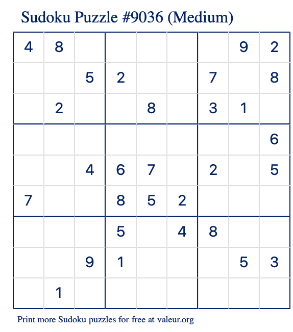 Free Printable Medium Sudoku Puzzle number 9036