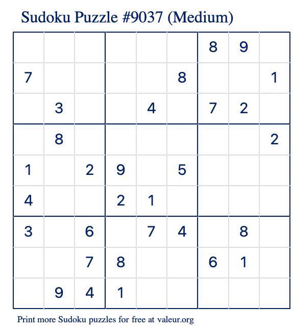 Free Printable Medium Sudoku Puzzle number 9037