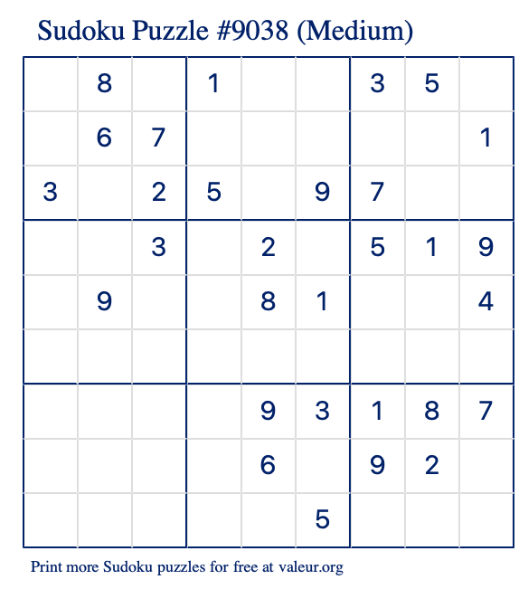 Free Printable Medium Sudoku Puzzle number 9038