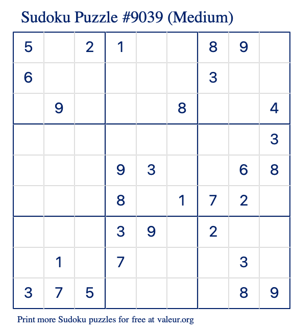 Free Printable Medium Sudoku Puzzle number 9039