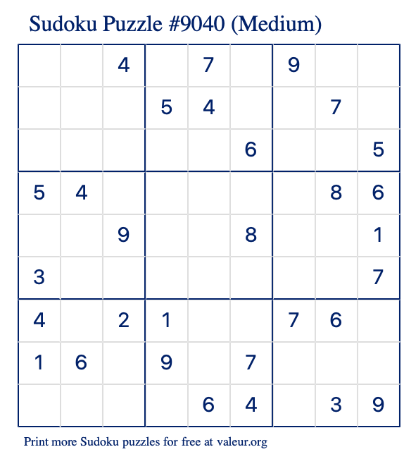 Free Printable Medium Sudoku Puzzle number 9040