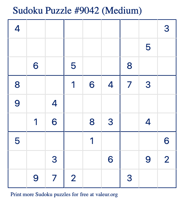 Free Printable Medium Sudoku Puzzle number 9042