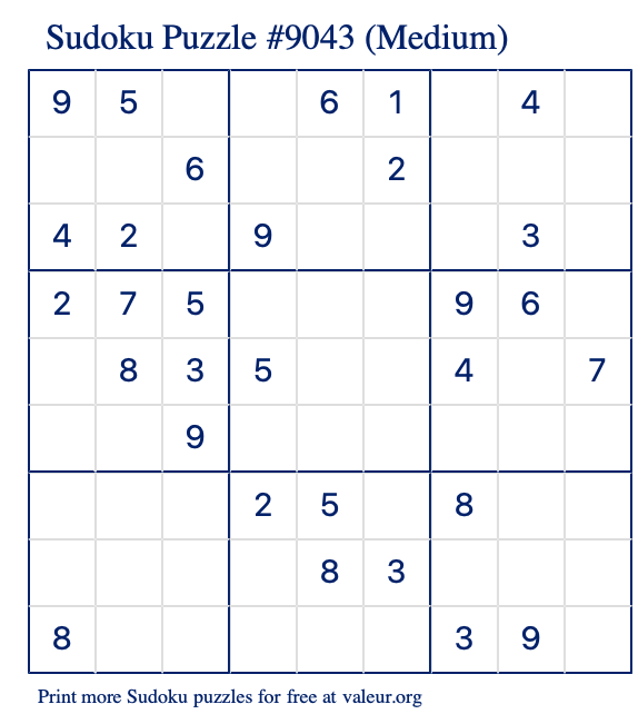 Free Printable Medium Sudoku Puzzle number 9043