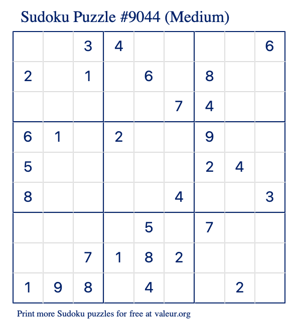 Free Printable Medium Sudoku Puzzle number 9044