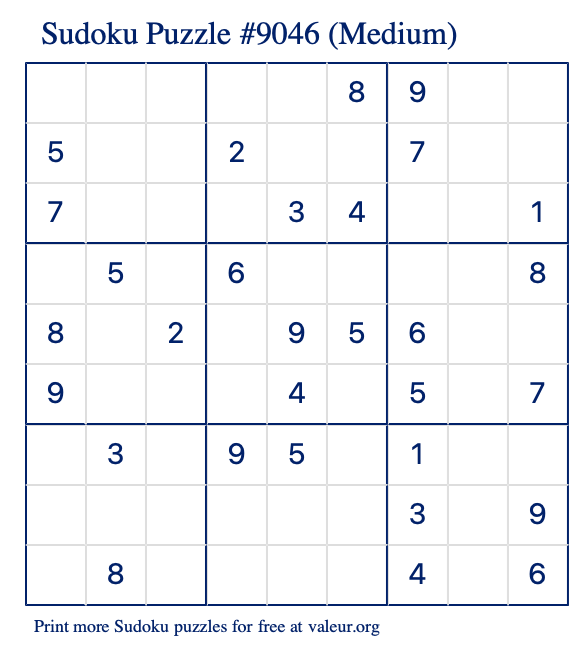 Free Printable Medium Sudoku Puzzle number 9046